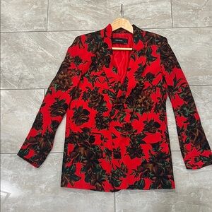 Zara Red Floral Blazer with Brown and Green Botanical Print